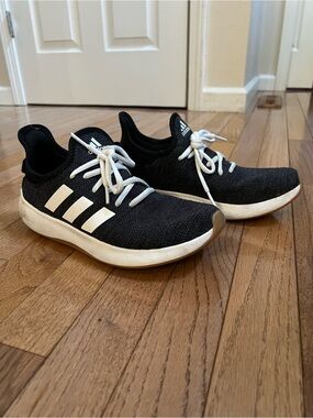 Adidas Black Knit Tennis Shoes with White Stripes